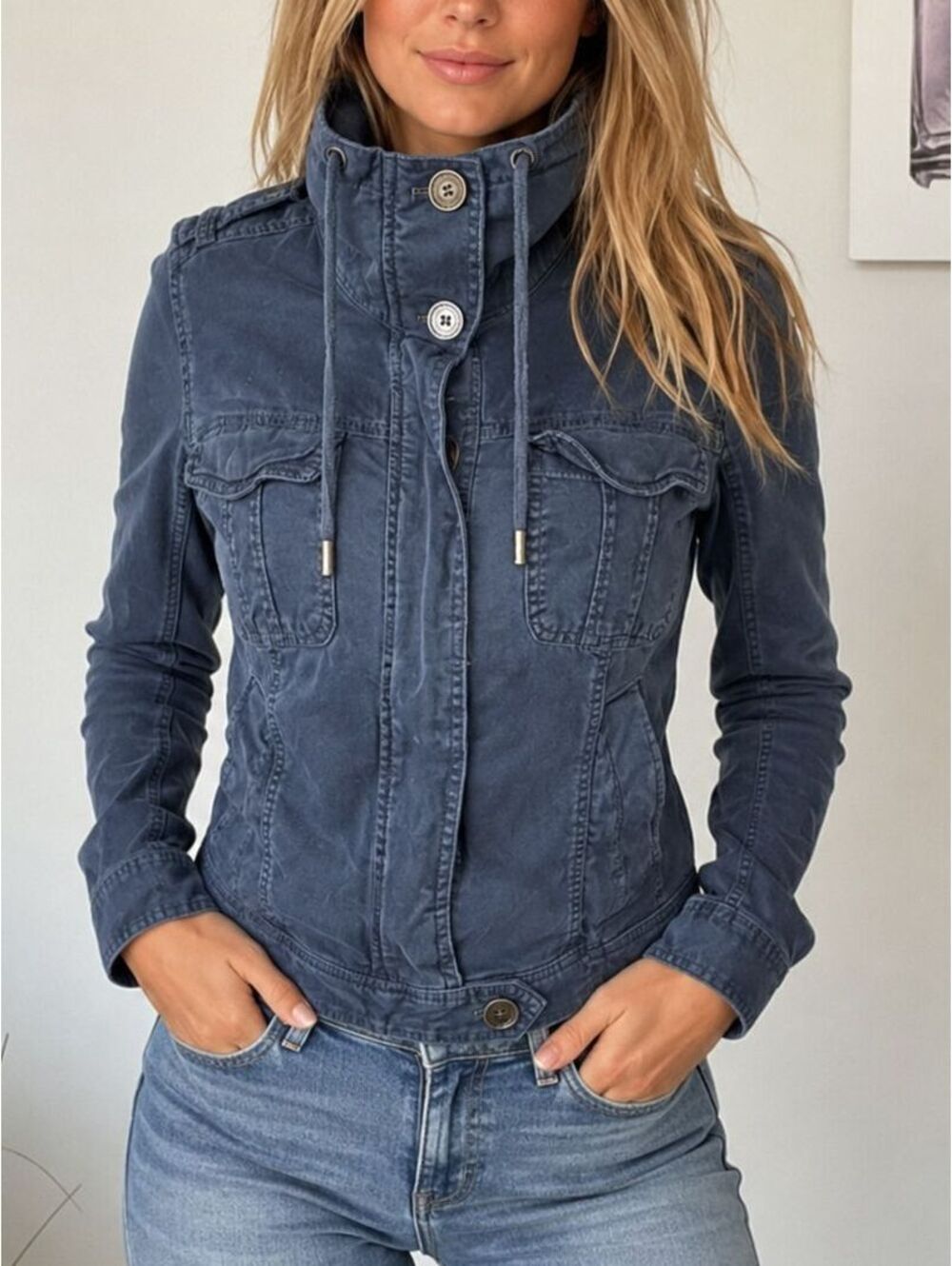 Abercrombie & Fitch Womens M Blue Military Utility Jacket Funnel Neck Y2K A&F